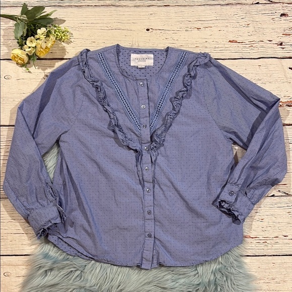 The Shirt Rochelle Behrens Stripe Ruffle Trim Button Front Blouse - Picture 1 of 9